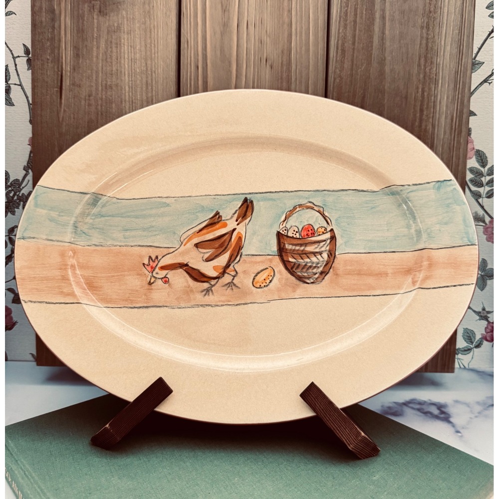 Studio Nova Barnyard Oval Serving Platter Hen Chicken Egg Basket Portugal 15in